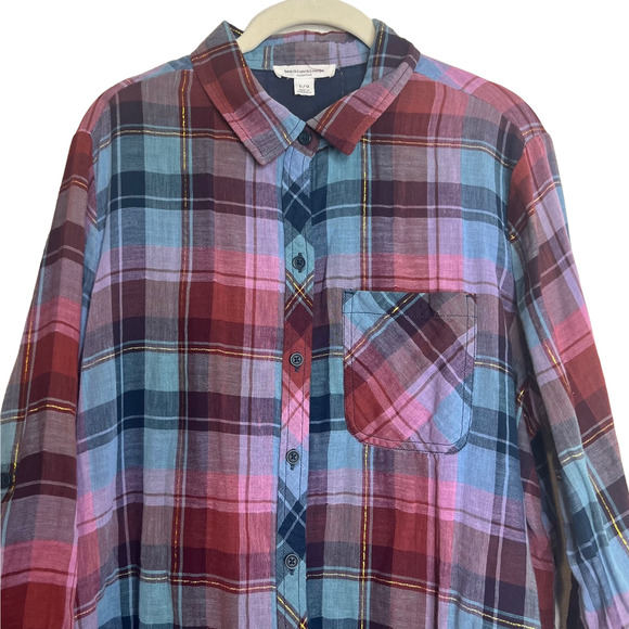 BeachLunchLounge Womens Button Up Shirt Large Blue Pink Plaid Frayed Hem Cotton - Picture 3 of 6